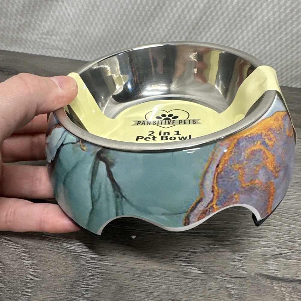 PAWSITIVE PETS‎ 2 in 1 Pet Bowl Melamine Stainless Steel BPA Free Marble Design